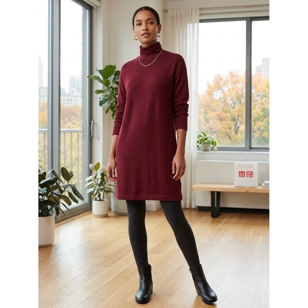 Uniqlo Soft Knitted Mock Neck Sweater Dress Wine Red Burgundy XS 291-418319
